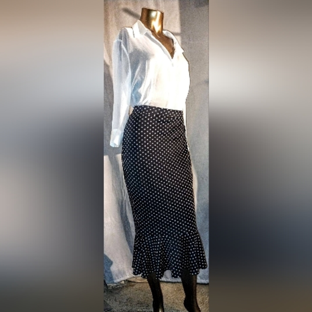 VF Show High Waisted Mermaid Skirt Black with White Polka Dots Size 12